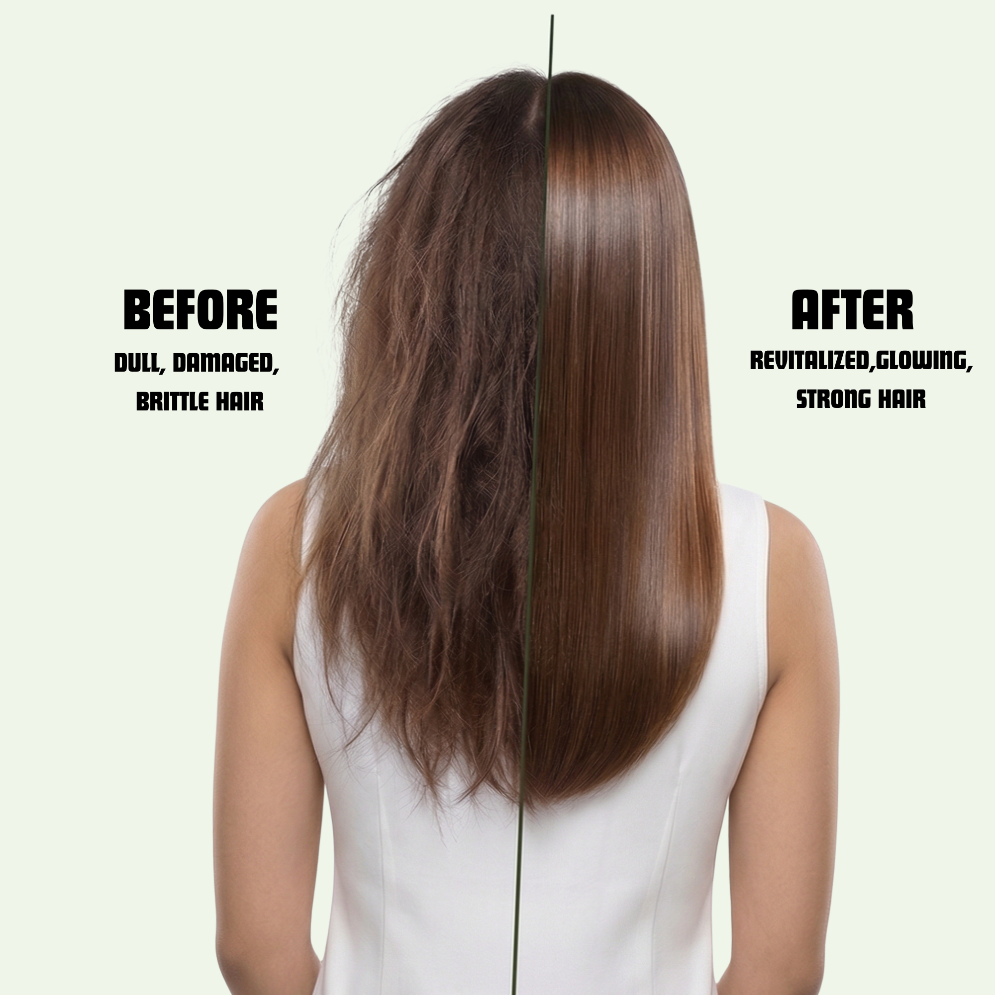 Before and after Vedira hair mask — dull damaged hair becomes revitalised and strong